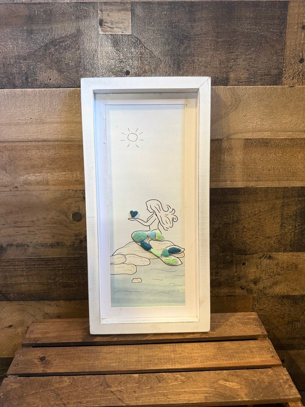 Framed Mermaid Sea Glass Style Wall Art-White Wood Box Frame -Beach Coastal 9x18
